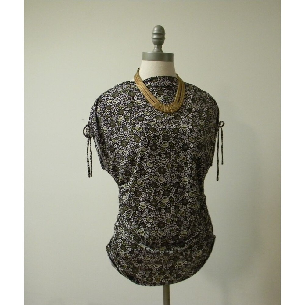 Michael Kors High Neck Druzy Floral Blouse Ruched Sleeves Modest NWT